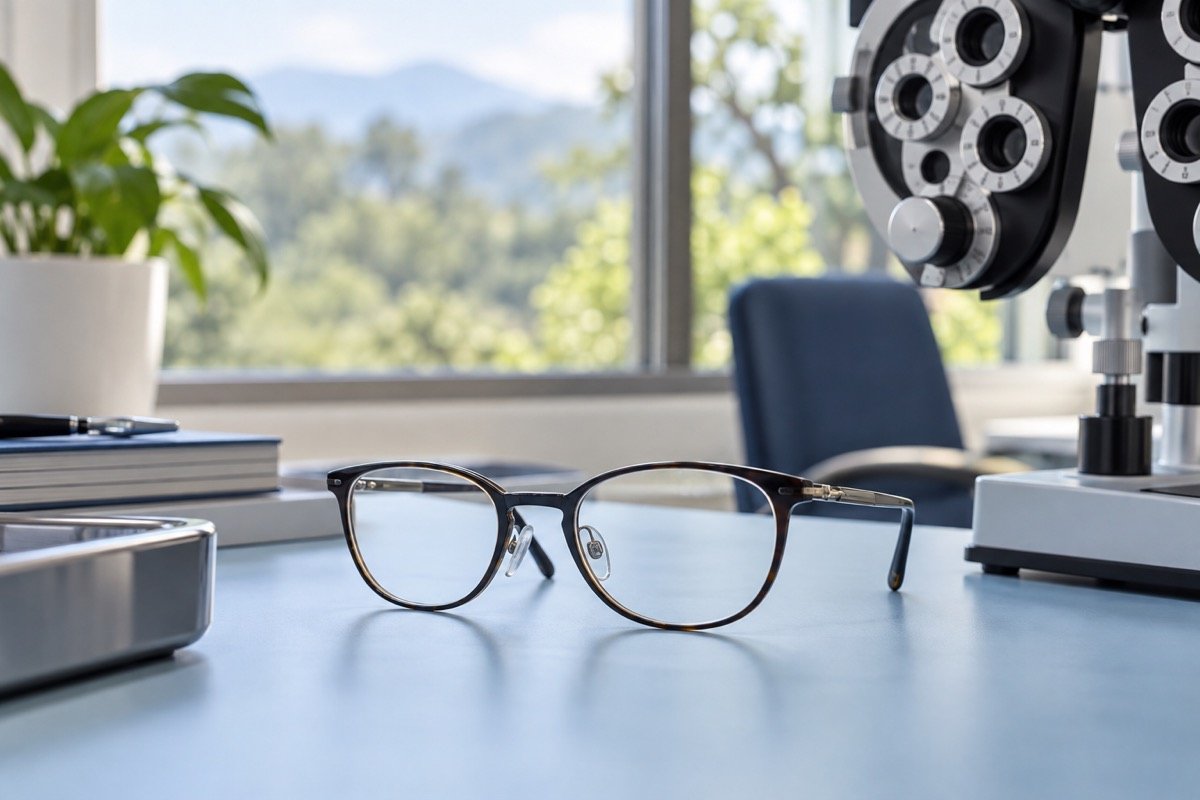 Gafas graduadas junto a un equipo de evaluación de la visión en un consultorio.