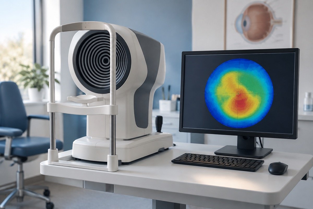Representación de un topógrafo corneal con un mapa de la superficie de la córnea.